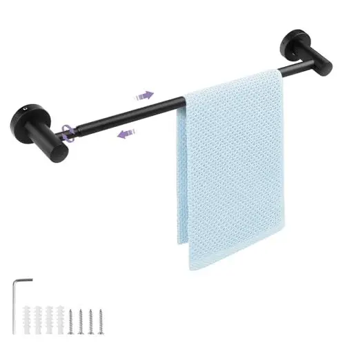 Produktbild: Handtuchstange Verstellbar, WJUAN Handtuchstange schwarz Mattlack verstellbar von 36 cm bis 65 cm, 304 Edelstahl Badezimmer Handtuchhalter mit Bohren für Schlafzimmer, Badezimmer und Wohnzimmer
