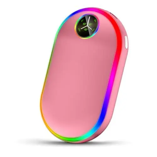 Produktbild: Handwärmer Wiederaufladbare mit Lichtern (7 Farben), Wiederverwendbar 10000mAh USB Taschenwärmer, Tragbare Elektrische Handwarmer, Wintergeschenk für Männer und Frauen (Rose)