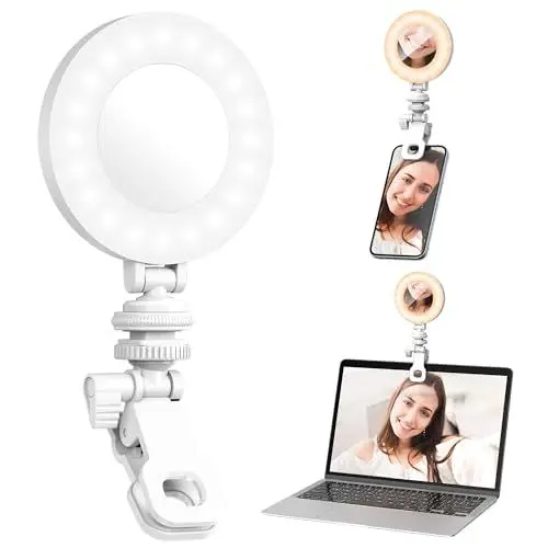 Produktbild: Handy Selfie Licht mit Clip, 3 Lichtmodi & 10 Helligkeitsstufen Fotolicht Phone Selfi Light LED Videoleuchte Kamera Licht 360°Drehbar Videolicht Ringlicht für Handy, Tablet, iPad, Laptop (Weiß)