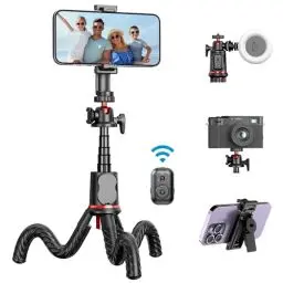 Produktbild: Handy Stativ, Flexibel Stativ für Smartphone, Aluminium Handy Stativ Ständer mit Fernbedienung 360° Drehbar Tragbar Kamera Stativ Handystativhalter Kompatibel mit iPhone 15 14 13, Galaxy, Sportkamera