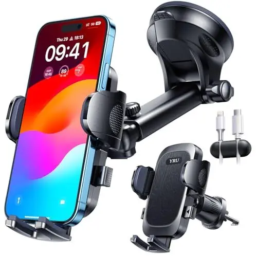 Produktbild: (2025 Militär-Klasse) YRU Handyhalterung Auto Handy Halterung Auto (Stärkst Saugnapf & Clip) Universal Auto Handyhalterung Armaturenbrett Scheibe Lüftung für iPhone 16 Pro 15 Samsung S25 ultra Schwarz