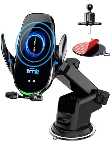 Produktbild: Kabellose Kfz-Ladegeräthalterung, 15 W Qi-Schnellladung, selbstklemmende Handy-Autohalterung, Lüftungsschlitz, Windschutzscheibe, Armaturenbrett, Langer Arm, Saugnapf, Autotelefonhalterung