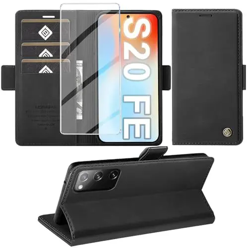 Produktbild: Handyhülle für Samsung Galaxy S20 FE Hülle mit Schutzfolie, Standfunktion Kartenfach Wallet Premium Leder Schutzhülle S20 FE 4G/5G Flip Case Cover Stoßfeste Klapphülle (Schwarz)
