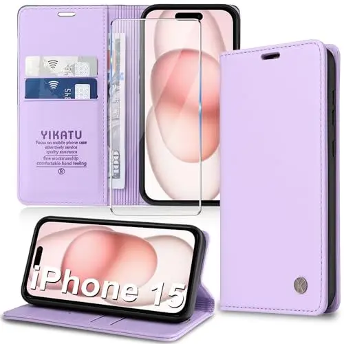 Produktbild: Handyhülle für iPhone 15 Hülle (mit Schutzfolie)(Premium PU Leder) Klapphülle Kartenfach Magnetic Ständer Flip Case Cover Etui Tasche Schutzhülle für iPhone 15 6.1“ (Purple)