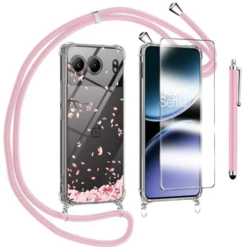 Produktbild: Handykette Kompatibel mit OnePlus Nord 4 Hülle mit Displayschutzfolie Schutzfolie, Necklace Handyhülle mit Abnehmbar Kordel zum Umhängen Silikon Case Schutzhülle mit Band, Rosa