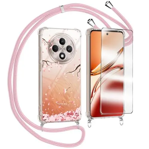 Produktbild: Handykette Kompatibel mit Oppo Reno 12 F/Reno 12 FS 5G Hülle mit Displayschutzfolie Schutzfolie, Necklace Handyhülle mit Abnehmbar Kordel zum Umhängen Silikon Case Schutzhülle mit Band, Rosa