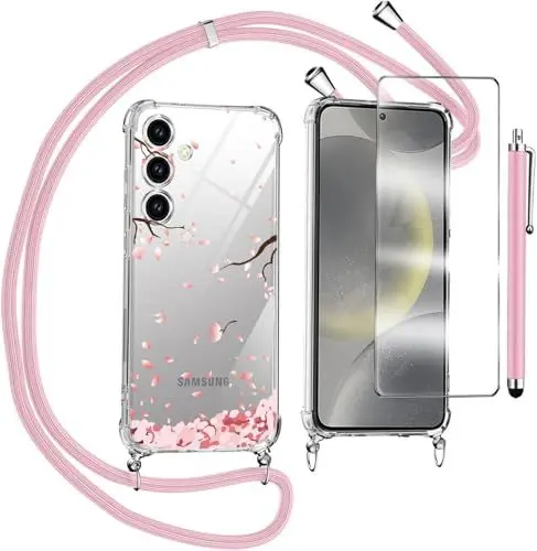 Produktbild: Handykette Kompatibel mit Samsung Galaxy A56 Hülle mit Displayschutzfolie Schutzfolie, Necklace Handyhülle mit Abnehmbar Kordel zum Umhängen Silikon Case Schutzhülle mit Band, Rosa