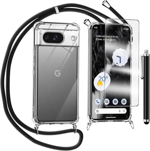 Produktbild: Handykette für Google Pixel 9/Pixel 9 Pro Hülle mit Displayschutzfolie Schutzfolie, Necklace Handyhülle mit Abnehmbar Kordel zum Umhängen Transparent Silikon Schutzhülle mit Band in Schwarz
