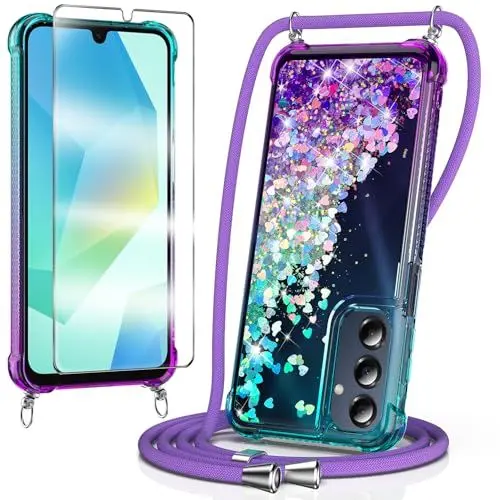 Produktbild: WQRTYJK Handykette für Samsung Galaxy A16 4G/5G Hülle mit Band mit Schutzfolie,Bling Silikon Durchsichtig Transparent Flüssig Glitzer mit Kette Kordel Treibsand Necklace Schutzhülle Case, Lila