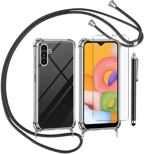 Produktbild: Handykette für Samsung Galaxy A16 Hülle mit Displayschutzfolie Schutzfolie, Necklace Handyhülle mit Abnehmbar Kordel zum Umhängen Transparent Silikon Schutzhülle mit Band in Schwarz