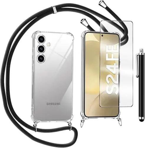 Produktbild: TTSWJBD Handykette für Samsung Galaxy S24 FE Hülle mit Displayschutzfolie Schutzfolie, Necklace Handyhülle mit Abnehmbar Kordel zum Umhängen Transparent Silikon Schutzhülle mit Band in Schwarz
