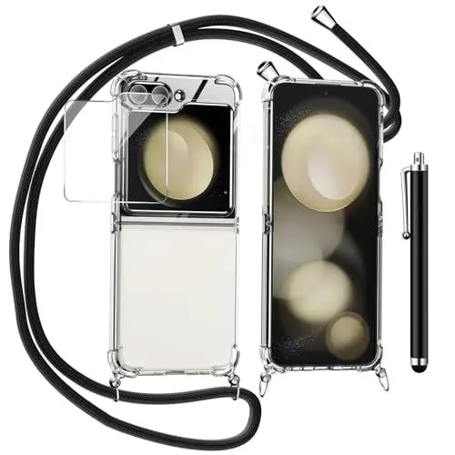 Produktbild: Handykette für Samsung Galaxy Z Flip 6 Hülle mit Displayschutzfolie Schutzfolie, Necklace Handyhülle mit Abnehmbar Kordel zum Umhängen Transparent Silikon Schutzhülle mit Band in Schwarz