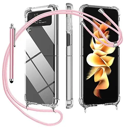 Produktbild: Handykette für Samsung Z Flip 4 5G Hülle Necklace Handyhülle mit Abnehmbar Kordel zum Umhängen Transparent Silikon Schutzhülle mit Band in rosa