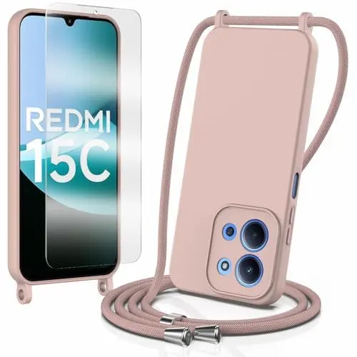 Produktbild: Handykette für Xiaomi Redmi 15C 5G/4G Hülle mit Band mit 1*Schutzfolie, weiche Liquid Silikon Necklace Handyhülle mit Abnehmbar Kordel, Stossfest Handy Schutzhülle, Kameraschutz Kratzfest,Rosa