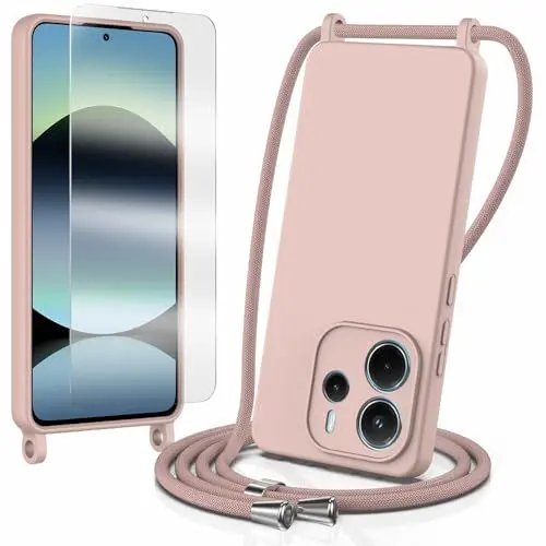 Produktbild: Handykette für Xiaomi Redmi Note 14 4G Hülle mit Band mit 1*Schutzfolie, weiche Liquid Silikon Necklace Handyhülle mit Abnehmbar Kordel, Stossfest Handy Schutzhülle, Kameraschutz Kratzfest,Rosa