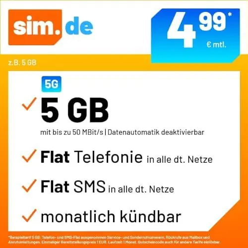Produktbild: sim.de Handytarif z.B. Allnet Flat 5 GB – (Flat Internet 5G 5 GB, Flat Telefonie, Flat SMS und Flat EU-Ausland, 4,99 Euro/Monat, monatlich kündbar) oder andere Tarife