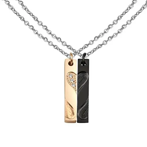 Produktbild: Hanessa 2 Stück Personalisierte Ketten mit Gravur Edelstahl 45-60 cm mit Herz-hälften in schwarz gold- Halsketten für Männer Frauen - Personalisierter Schmuck Paare Damen Herren - Partner Halsketten