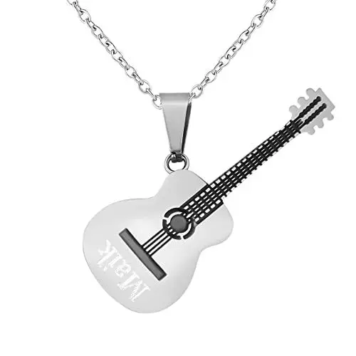 Produktbild: Hanessa Personalisierte Kette mit Gravur Edelstahl 45-60 cm mit Anhänger Gitarre in silber - Personalisierte Halskette für Männer und Frauen - Personalisierter Schmuck Damen Herren