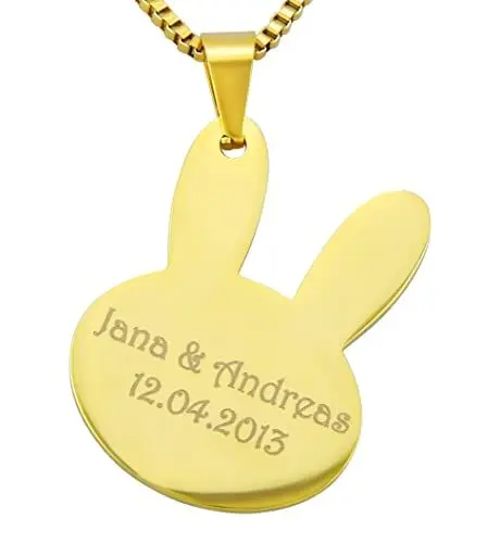 Produktbild: Hanessa Personalisierte Kette mit Gravur Edelstahl 50 cm mit Anhänger Hase Bunny in gold - Personalisierte Halskette für Männer und Frauen - Personalisierter Schmuck Damen Herren
