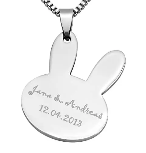 Produktbild: Hanessa Personalisierte Kette mit Gravur Edelstahl 50 cm mit Anhänger Hase Bunny in silber - Personalisierte Halskette für Männer und Frauen - Personalisierter Schmuck Damen Herren