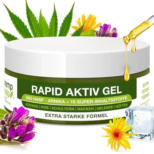 Produktbild: Extra Stark Kühlende Pflege bei Nacken, Rücken & Knien – Muskel- & Gelenkgel – Rapid Active Gel mit Menthol, Arnika, Hanf & Boswellia – Vegan & Tierversuchsfrei
