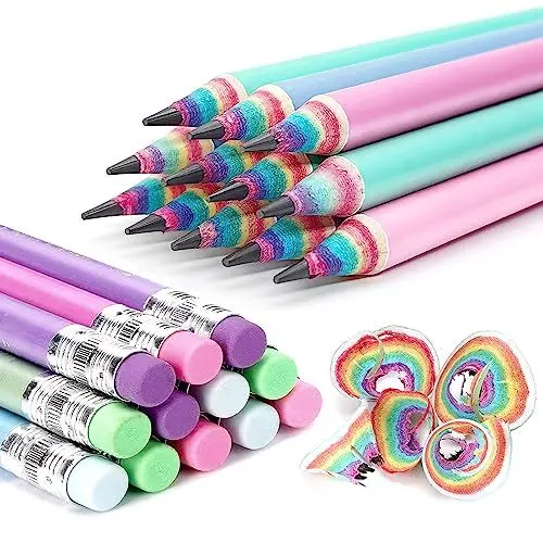 Produktbild: Hanffero Regenbogen Bleistifte, Zeichnung Schreiben Bleistift mit Gummi, Recycelbares Papiermaterial, Vorgespitzt, Für Schule und Büro - Härtegrad HB (12 Stück) 1