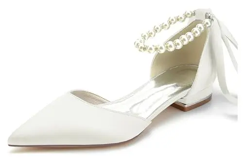 Produktbild: Hanfike Damen Abend Kleid Schuhe Perlen Ketten Braut Hochzeits Flache Pumps mit Schleif JY286 Elfenbein EU 39