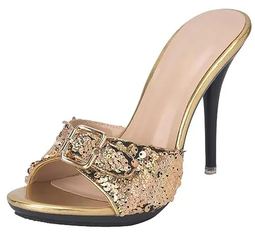Produktbild: Hanfike Damen Pantoletten mit Absatz Elegant Kleid Party Mules Slipper mit Schnalle Gold Pailletten EU 38