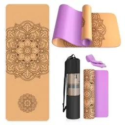 Produktbild: Haninj® Yogamatte-Kork, Rutschfest, Einzigartiges Design, Extradick Natürlicher Kork, TPE Fitness-Trainingsmatte mit Tragetasche und Gurt, für Zuhause, Pilates, Aerobic Fitnessstudio und Workout