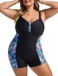 Produktbild: Hanna Nikole Badeanzug Damen mit Bein - Kontrastfarbener Sportlicher Badeanzug, Modest Bademode Schwarz-Gefärbte Pflanzen 50