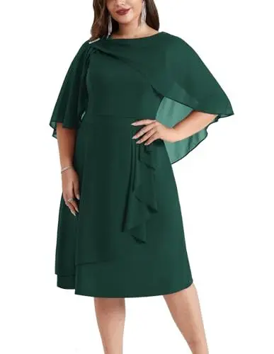 Produktbild: Hanna Nikole Chiffon Cape A-Liniekleid Cape Ärmel Abendkleid Gerüschtes Festkleid für Mollige Frauen Dunkelgrün 46