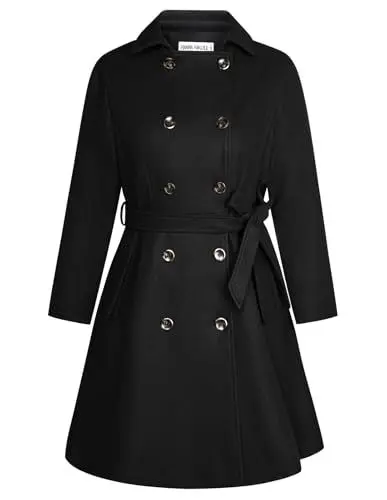 Produktbild: Hanna Nikole Mantel Damen Winter Große Größen Zweireihiger Wollmantel mit Taschen Gürtel Langarm Mittellanger Trenchcoat Schwarz 54