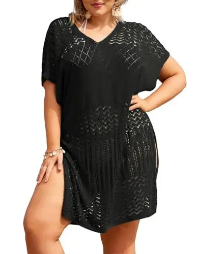 Produktbild: Hanna Nikole Damen Bikini Cover-Up Große Größe Strandkleid Leichte Strandponcho Lang Beachwear Schwarz 48