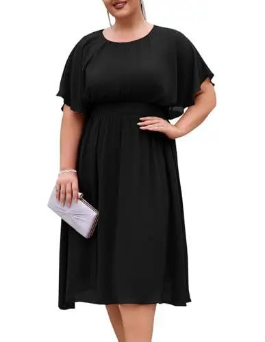 Produktbild: Hanna Nikole Damen A-Linie Kleid Übergröße Rüschenärmel Elegant Chiffon Kleid Schwarz 46