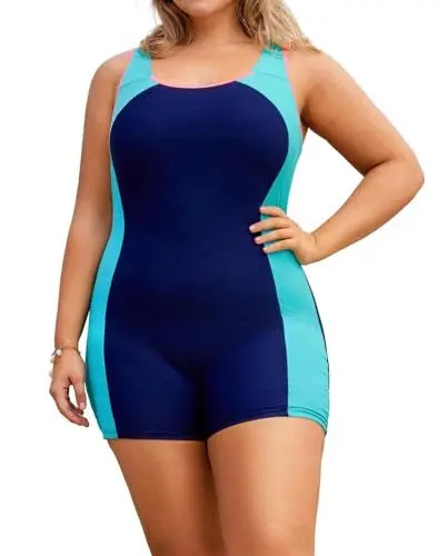 Produktbild: Hanna Nikole Damen Große Größe Bauchweg Hohe Taille Badeanzug Kontrastfarben Ausgehöhlter Rücken Bikini Marineblau Seeblau 48