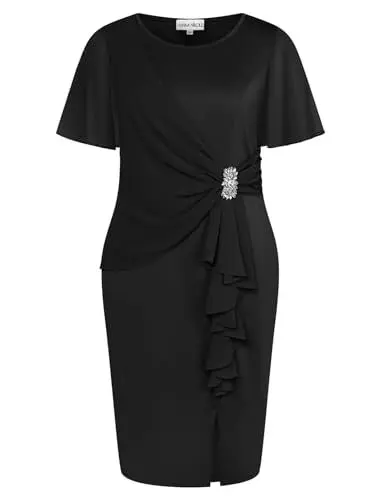 Produktbild: Hanna Nikole Damen Große Größe Knielang Hüftkleid Crinkle Cocktailkleid Damen Elegant für Hochzeit Bleistiftkleid Damen Knielang Schwarz 48