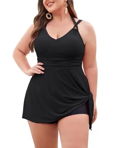 Produktbild: Hanna Nikole Damen Große Größe Push Up Bikini Zweiteilig Tankini Floral Unregelmäßiger Saum Badeanzug mit Boxershort Schwarz 52