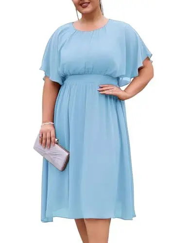 Produktbild: Hanna Nikole Midi Freizeitkleider Rüschenärmel Dehnbarem Partykleid Schöne für Mollige Frauen Hellblau 52