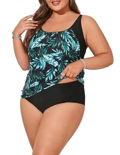 Produktbild: Hanna Nikole Damen Große Größe Zweiteilig Badeanzug Bauchweg Swimsuit U Ausschnitt Grüne Blätter 50