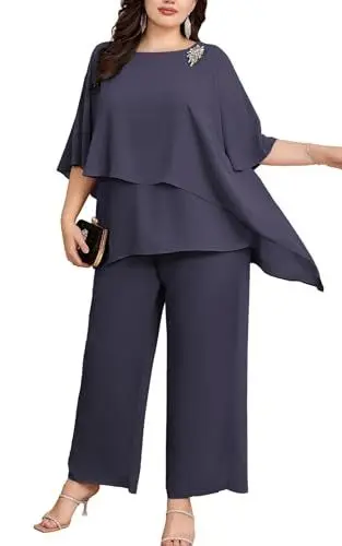 Produktbild: Hanna Nikole Damen Große Größen Hosenanzug Chiffon Shirt Irregular Collar Batwing Sleeves Chiffon Shirt High 2 Piece Set Quality Occasion Trousers Chiffon Shirt Anthrazitgrau 50