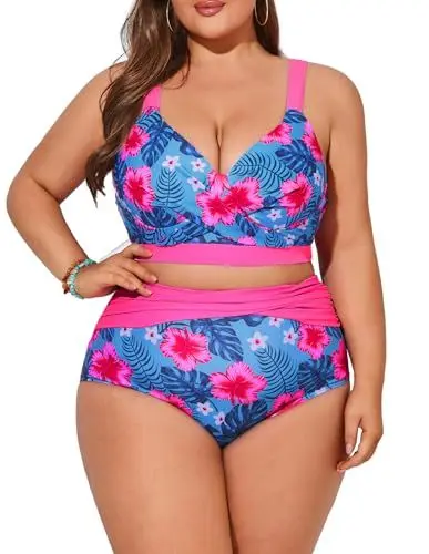 Produktbild: Hanna Nikole Damen Hoher Push Up Bikini Bauchkontrolle Floral Monokini für Mollige Blaue Blume & Rose rot 48
