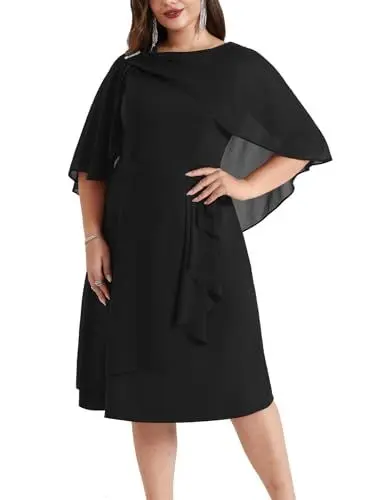 Produktbild: Hanna Nikole Damen Pleated Cocktailkleid Große Größe Rüschen A-Liniekleid Ärmellos Abendkleid mit Chiffon Overlay Schwarz 52