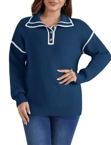 Produktbild: Hanna Nikole Damen Pullover 2024 Crew-Ausschnitt Gestreift Süße Farbblockierung Herbst-Winter Gestrickte Pullover Oberteile
