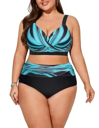 Produktbild: Hanna Nikole Damen Push Up Bikini Große Größe Wickel Badeanzug Bauchweg Badekleid Blaue & Grüne Linien 42