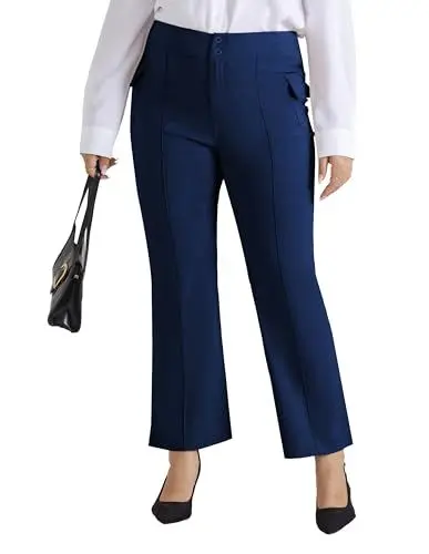 Produktbild: Hanna Nikole Damen Große Größe Hohe Taille Bootcut Flare Hose Elastische Cargohose Stilvolle Schlaghose Dunkelblau 46