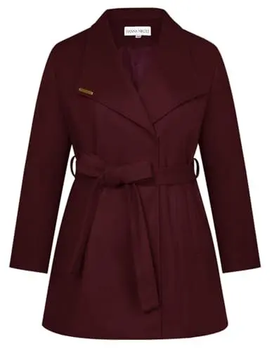 Produktbild: Hanna Nikole Damen übergangsjacke Wollmantel Mittellanger Große Größe Trenchcoat Mit Taschen Winterjacke Mit Gürtel Weinrot 52