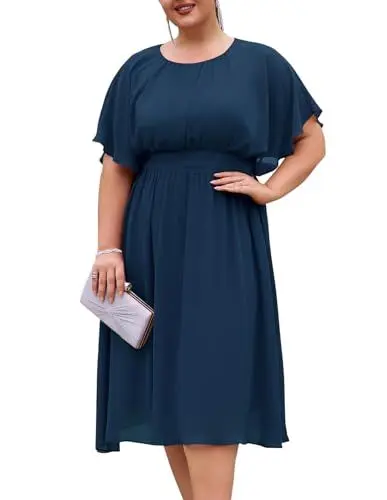 Produktbild: Hanna Nikole Female Large Size Chiffon Dress Crew Neck Knee Length A-Line Dress Elastic Dress Navy Blau 54