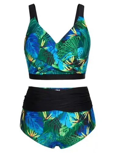 Produktbild: Hanna Nikole Female Push Up Swimsuit Large Size High Waist Pleating Summer Bikini Set Floral Grüne Blätter 42