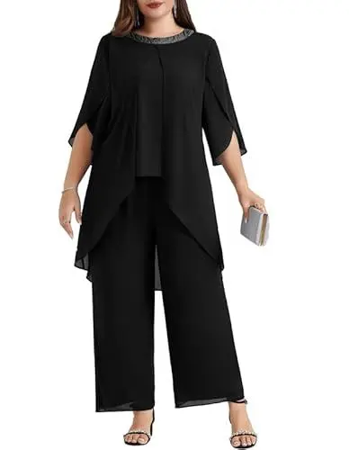 Produktbild: Hanna Nikole Festliche HosenanzüGe FüR Hochzeit Damen GroßE GrößEn Abendanzug Chiffon Hosenanzug Elegant Zweiteiler Festliches Outfit Festmode Cocktail Abendmode Party Outfit