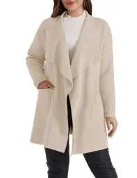 Produktbild: Hanna Nikole Frauen Plus Größe Strickjacke lässig Revers vorne offen Pullover Lange Ärmel Stricken Mantel mit Tasche 2024 Herbst Outfit Aprikose 54